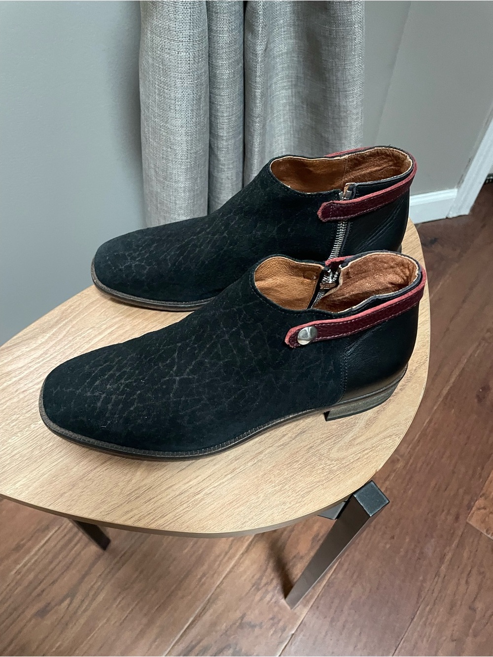 Black Suede Ankle Booties with Burgundy Trim Made in Italy